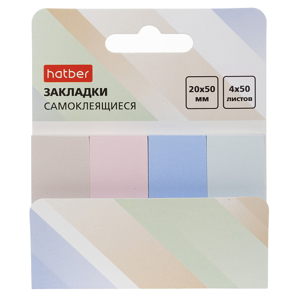 Закладки бумажные Hatber -Микс Пастель- прямоугольные Самоклеящ. 20х50мм 4 цв. 50л с европодвесом 
