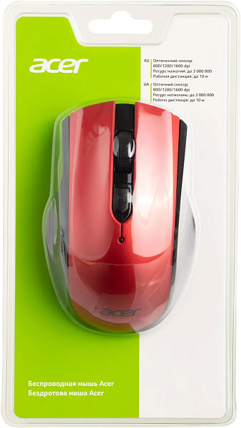 Мышь Acer OMR032 черный/красный оптич. 1600dpi беспров. USB 4but 