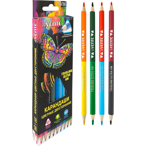 Карандаши цветные двухсторонние "deVENTE. Triolino Ultra 4М" 18 штук /36 цветов, 4М, диаметр грифеля 3 мм, трёхгранные, в картонной коробке с эффектом Velvet Touch