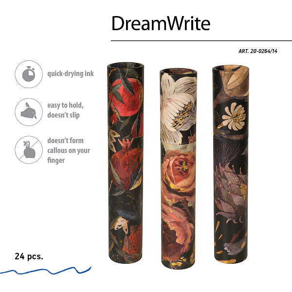 Ручка шариковая 0,7 мм "DreamWrite. Flora.Black night" СИНЯЯ, 3 ВИДА 