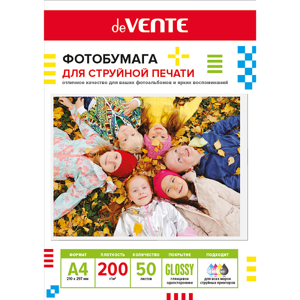 Фотобумага для струйной печати "deVENTE" A4, 50 л, 200 г/м², глянцевая односторонняя, в пластиковом пакете с европодвесом