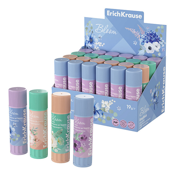 Клей-карандаш  19 г ErichKrause EasyStick Pastel Bloom, ассорти (в коробке-дисплее по 24 шт.)