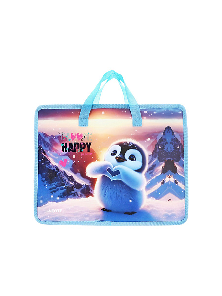 Папка для тетрадей, ИЗО и технологии "deVENTE. Happy Pinguin" A4 (33,5x26x10 см) с расширением 10 см, текстильные ручки, на молнии сверху, пластик 400 мкм, в пластиковом пакете