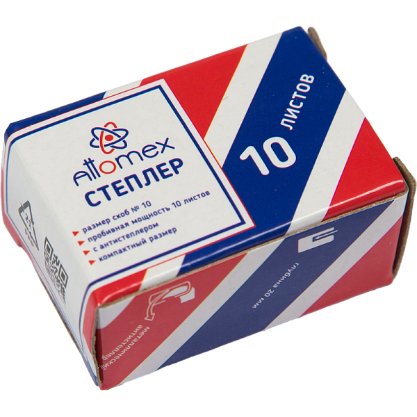 Степлер МИНИ на 10 л. №10 "Attomex" черный, (глубина скрепления 20 мм) пластиковый, 1 вид скрепления, со встроенным металлическим антистеплером, в картонной коробке,