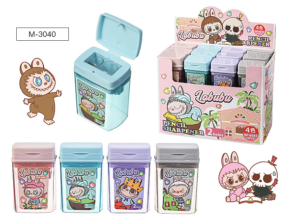 Точилка пластиковая ЗУБАСТИК, 2 отверстия для заточки, 4 дизайна, с контейнером для стружки,  картонный дисплей