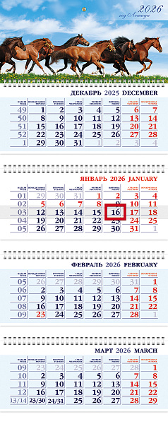 Календарь 2026 4-х блоч. на 4-х гребнях БИЗНЕС "Год Лошади" 297х755мм бум. Офсет. с бегунком 2-х цв. блок в индив.упак.