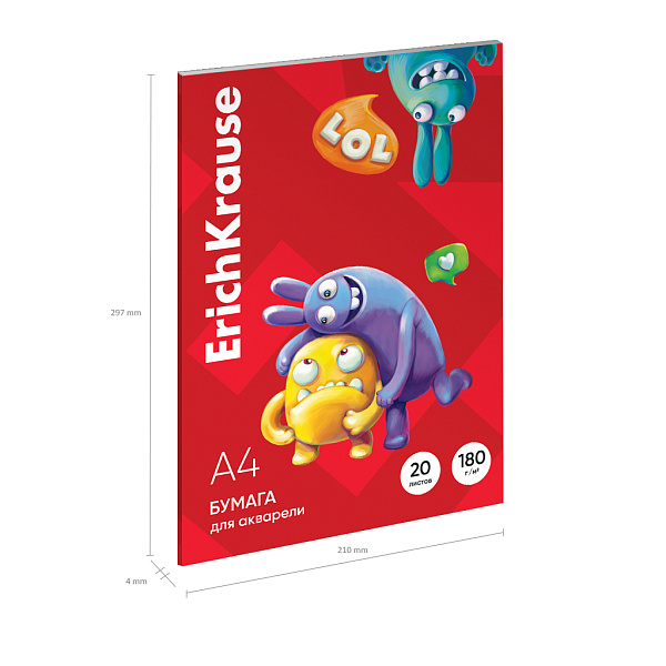 Бумага для акварели в картонной папке ErichKrause Jolly Friends, А4, 20 листов