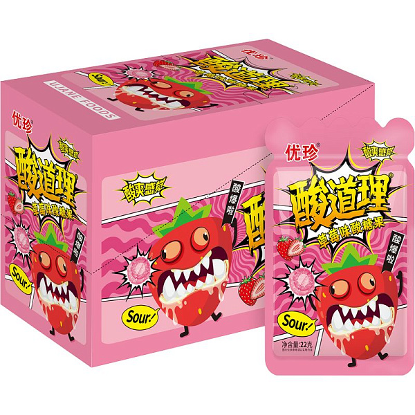 Леденцы кислые Sour Candy 22 г, в пластиковом пакете с подвесом, клубника