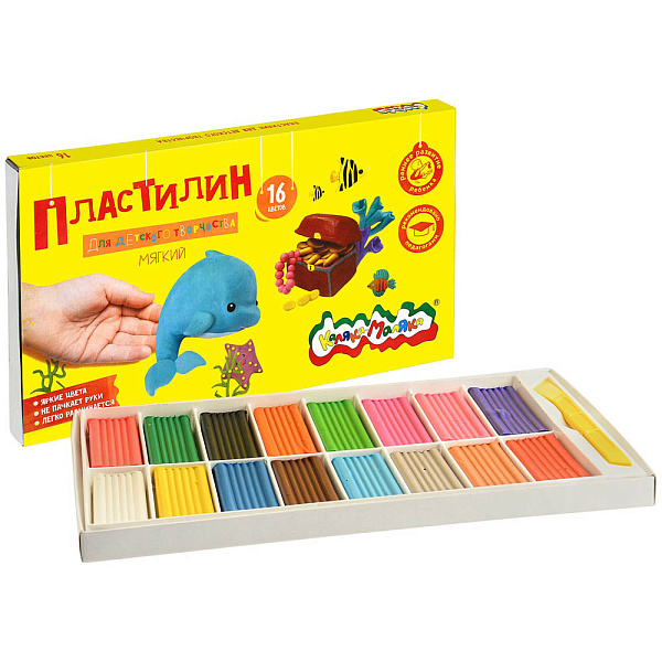 Пластилин мягкий (восковой) 16 цв. 240 гр.  "Каляка-Маляка" Для детского творчества, со стеком