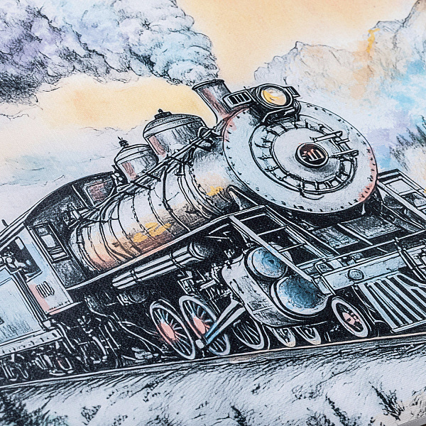 Альбом для рисования 10 листов "Паровоз в горах" и художественных работ А4ф 220гр отрывная склейка жесткая подложка обл. мел. бумага мат ламин,тиснение