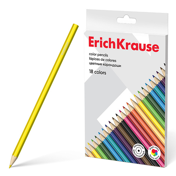 Карандаши 18 цв. ErichKrause деревянные, шестигранные (в коробке с европодвесом)