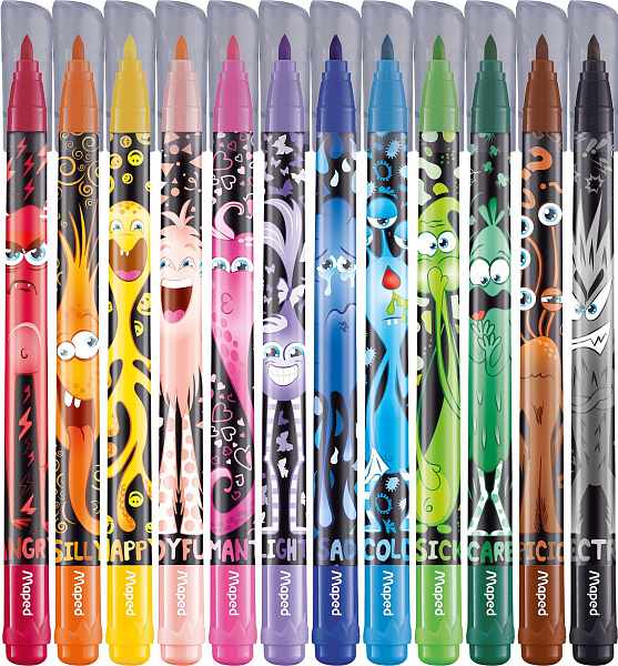 Фломастеры 12 цв. Maped COLOR'PEPS MONSTER с заблокиров. пишущим узлом, смываемые, 