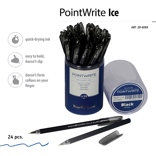Ручка шариковая 0,38 мм "PointWrite Black" СИНЯЯ Bruno Visconti 