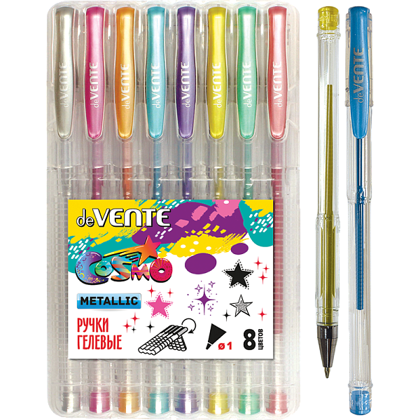 Набор ручек гелевых 8 цветов металлик, d=1 мм, "Cosmo Metallic", прозрачный корпус с металлическим наконечником, сменный стержень, в пластиковой коробке с подвесом