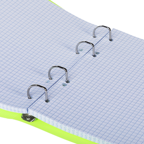 Тетрадь на кольцах А5 120 листов клетка "LINE  NEON" Зеленая, Пластиковая обложка с высечкой под кольца на резинке в индив.упак.