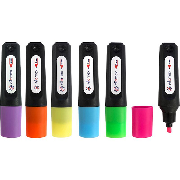 Маркер-текстовыделитель 1-5 мм "Attomex" ассорти 6 цв - желт, зел, оранж, роз, гол, сирен) плоский корпус, скошенный наконечн. дисплей в корексом