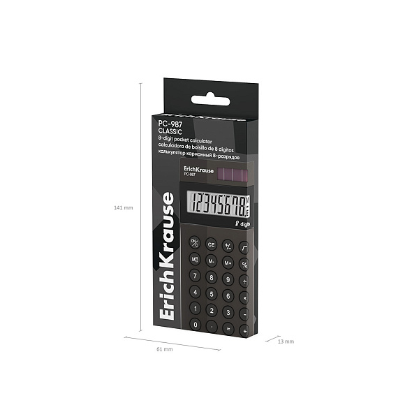 Калькулятор карманный 8-разр. ErichKrause PC-987 Classic, черный (в коробке по 1 шт.)