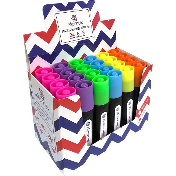 Маркер-текстовыделитель 1-5 мм "Attomex" ассорти 6 цв - желт, зел, оранж, роз, гол, сирен) плоский корпус, скошенный наконечн. дисплей в корексом