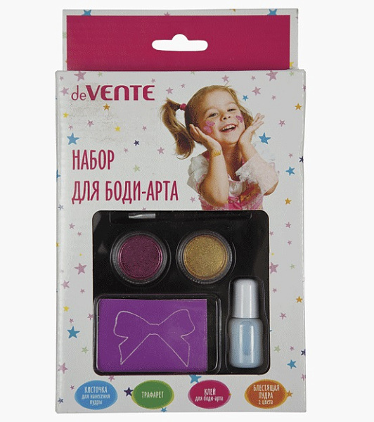 Набор для боди-арта "deVENTE" (специальный клей, блестящая пудра 2 цв, трафарет, кисточка), в картонной коробке с подвесом