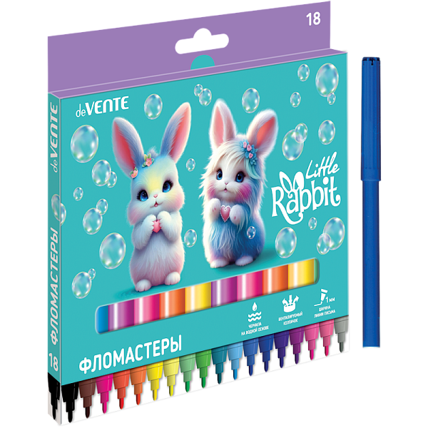 Фломастеры 18 цветов "deVENTE. Little Rabbit" с вентилируемым колпачком, в картонной коробке с подвесом