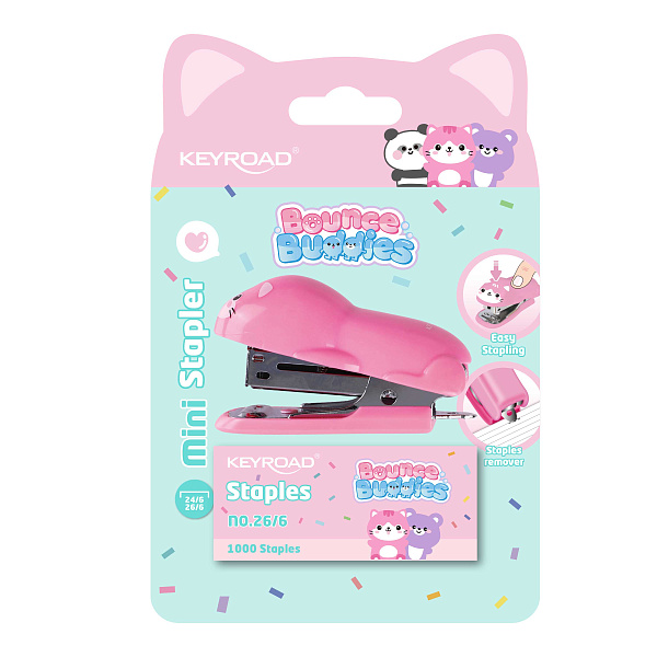 Степлер мини на 15 л. №26/6 KEYROAD Cute Cartoon: СКОБЫ 26/6 1000 шт, ассорти, в блистере