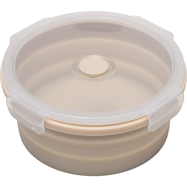 Ланчбокс складной герметичный "deVENTE" бежевый, круглый, 850 мл, диаметр 16 см, высота 7 см, в сложенном виде высота 2,5 см, силиконовый, с пластиковой крышкой, с отвестием вентиляции и силиконовой заглушкой