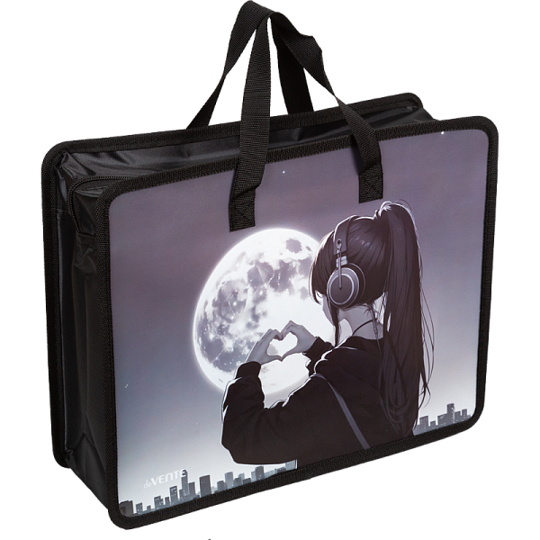 Папка для тетрадей, ИЗО и технологии "deVENTE. Silver Moon" A4 (33,5x26x10 см) с текстильным расширением 10 см, на молнии сверху, пластик 400 мкм, текстильные ручки, в пластиковом пакете