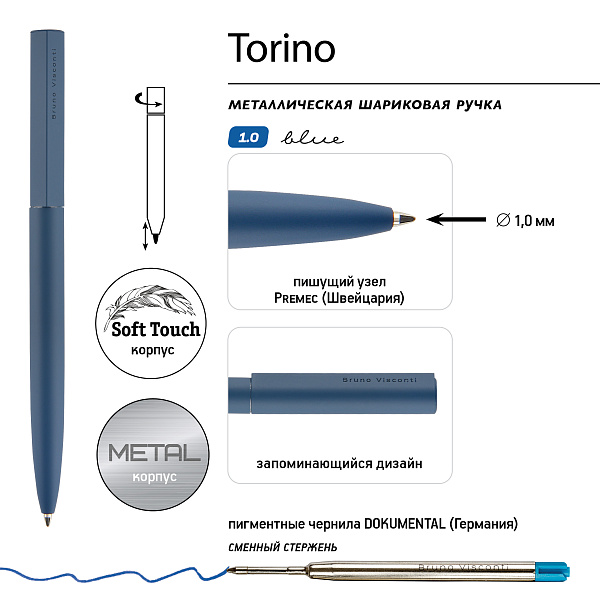 Ручка "TORINO" в подарочном футляре, 1,0 ММ, СИНЯЯ (корпус синий, футляр черный)