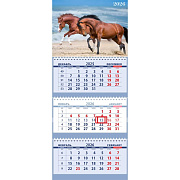 Календарь 2026 3-х блоч. "Attomex. 2 гнедых скакуна" (295x700 мм) на 3-х пружинах, складной с курсором, кольцо пикколо, офсет 65 г/м², печать в 2 краски, обложка мелованный картон 250 г/м², печать в 4 краски + ВД-лак, пластиковый пакет с евро подвесо