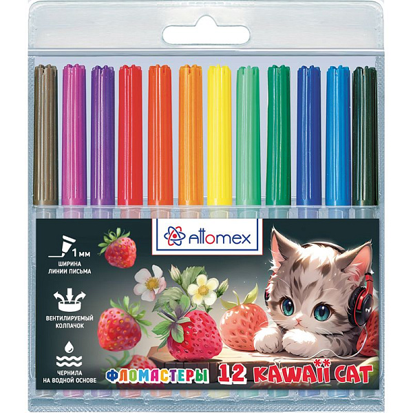 Фломастеры 12 цв. "Attomex. Kawaii Cat" с вентилируемым колпачком, в пластиковом блистере