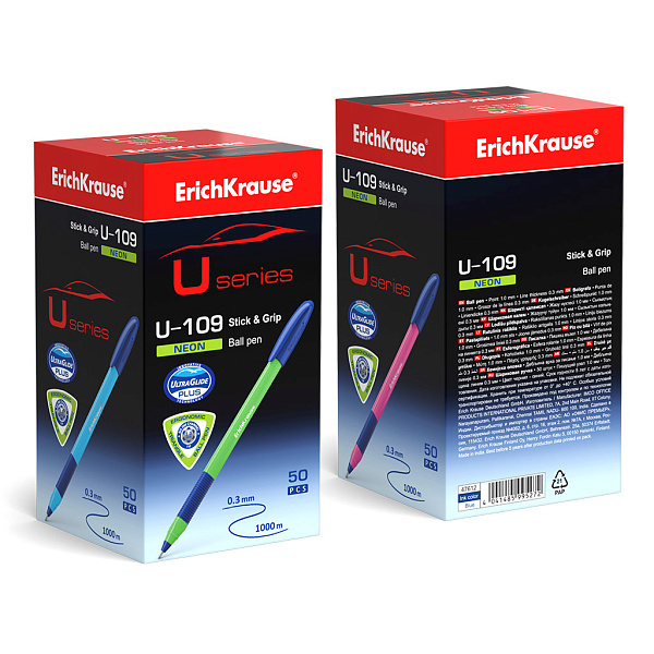 Ручка шариковая ErichKrause U-109 Stick&Grip Neon 1.0, Ultra Glide Technology, СИНЯЯ (в коробке по 50 шт.)