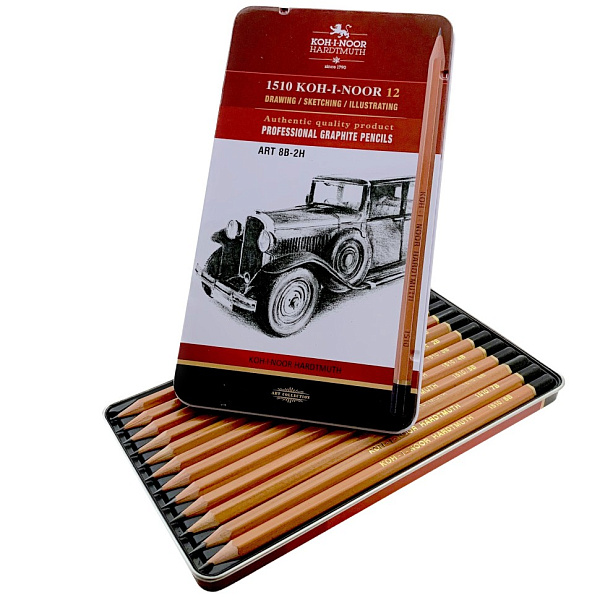 Набор карандашей ч/г Koh-I-Noor "1512" 12шт., 8B-2H, металл. пенал, с неокрашенным корпусом