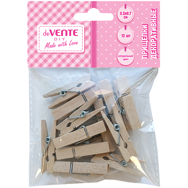 Прищепки декоративные "deVENTE. DIY Natural Wood" деревянные, 35x7 мм, 12 шт, натуральный цвет, в пластиковом пакете с блистерным подвесом