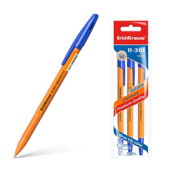 Набор ручек шарик. 3 шт. Erich Krause R-301 Orange Stick 0.7 мм, цвет чернил синий 