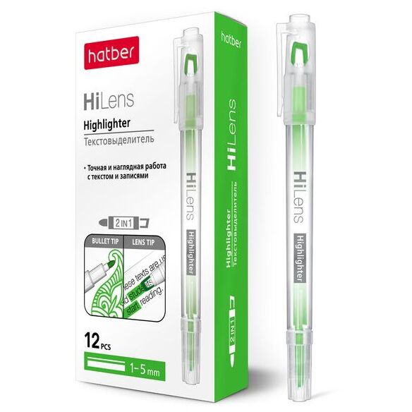 Маркер-текстовыделитель Hatber Hi-Lens Двухсторонний 1 мм/5 мм Зеленый 