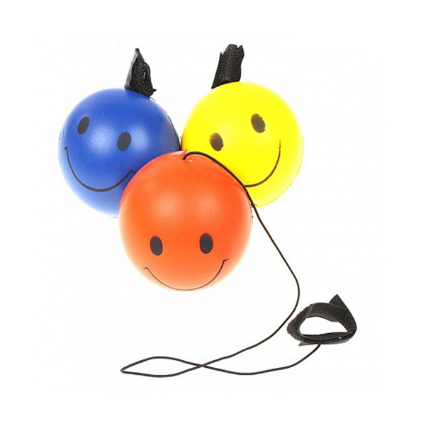 Мячик резиновый СМАЙЛ с эластичным шнурком и браслетом на липучке, d=6 см, 4 ярких цвета