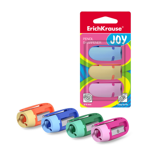 Набор 3 пластиковые точилки ErichKrause® Joy®, цвет корпуса ассорти в блистере
