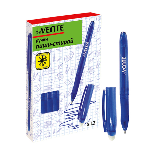 Ручка гелевая 0,7 мм стираемая deVENTE,СИНЯЯ, полупрозрачный синий корпус, с каучуковым держателем