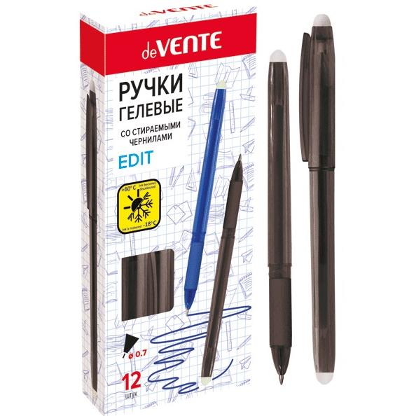 Ручка гелевая 0,7 мм стираемая deVENTE.Edit, ЧЕРНАЯ полупрозрачный черный корпус с каучуковым держат