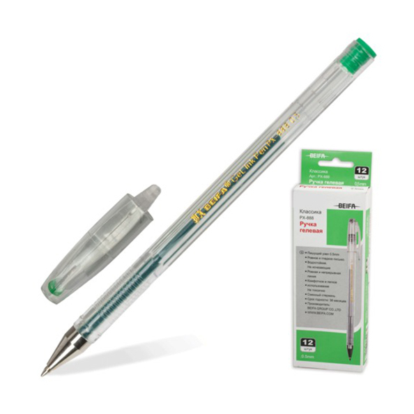 Ручка гелевая BEIFA корпус прозрачный, металл.наконеч., толщ.письма 0,5мм, зеленая