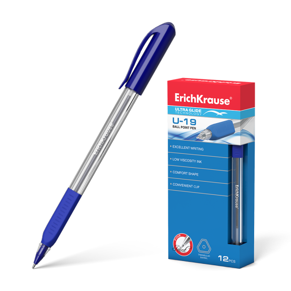 Ручка шариковая 0,6 мм Ultra Glide Technology U-19, синяя с резиновым упором 