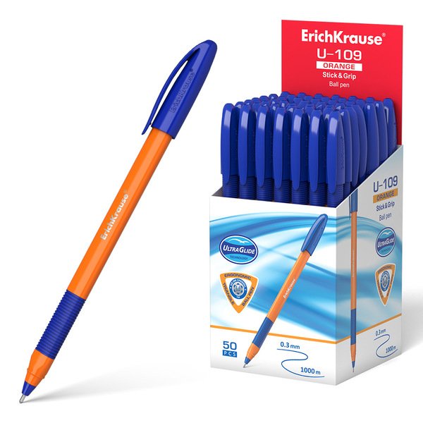 Ручка шариковая 1,00 мм ErichKrause® СИНЯЯ, U-109 Orange Stick&Grip Ultra Glide Technology