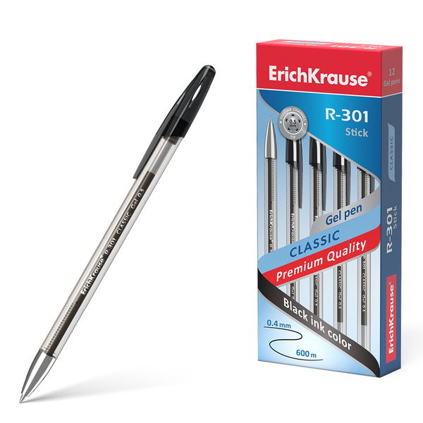 Ручка гелевая 0,5 мм ErichKrause® R-301 Classic Gel Stick ЧЕРНАЯ