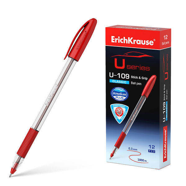 Ручка шариковая ErichKrause® U-109 Classic Stick&Grip 1.0, Ultra Glide Technology, красная