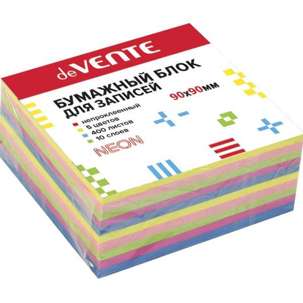 Блок бумаги  9*9cм "deVENTE" 400 листов, 5 неон. цветов, 10 сл, непроклеенный, 80 г/м²