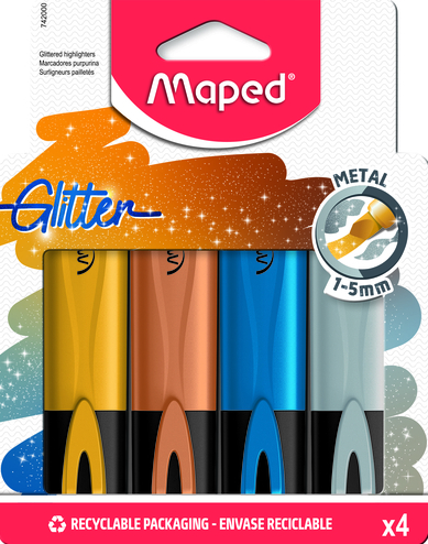 Набор маркеров текст. 4 цв. Maped FLUO PEP'S GLITTER металлик, с блест. 1-5мм, в бл/уп.