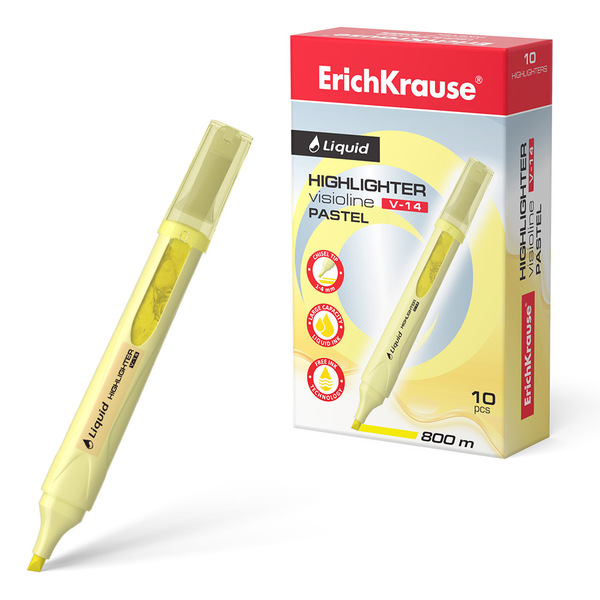 Маркер-текстовыделитель ErichKrause® Liquid Visioline V-14 Pastel, желтый, жид.чернила 