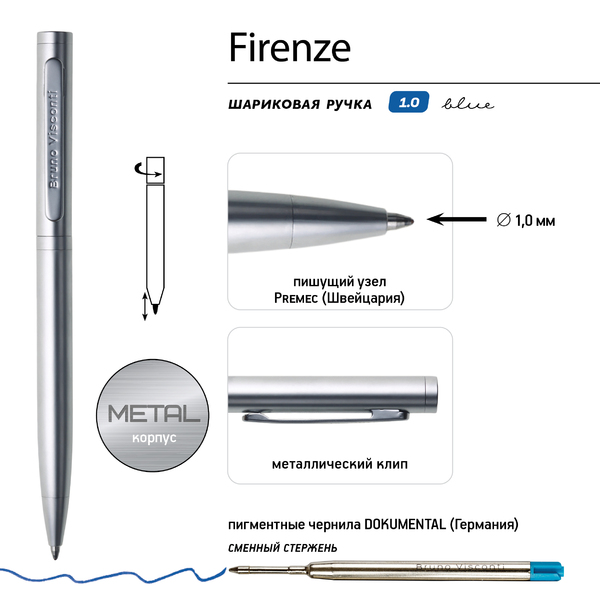 Ручка "FIRENZE" в тубусе круглой формы 1,0 мм, СИНЯЯ (корпус серебряный, футляр серый) 