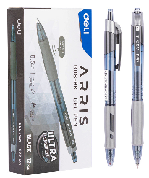 Ручка гелевая 0,5 мм Deli Arris ЧЕРНАЯ прозрачный/серый автоматическая резин. манжета
