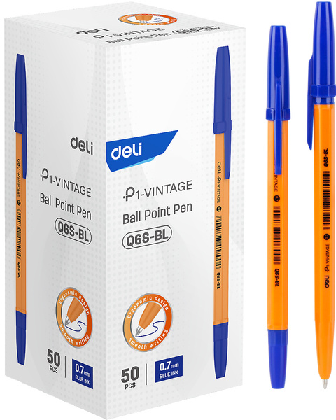 Ручка шариковая 0,7 мм Deli P1-Vintage, Синяя, корп.оранжевый 